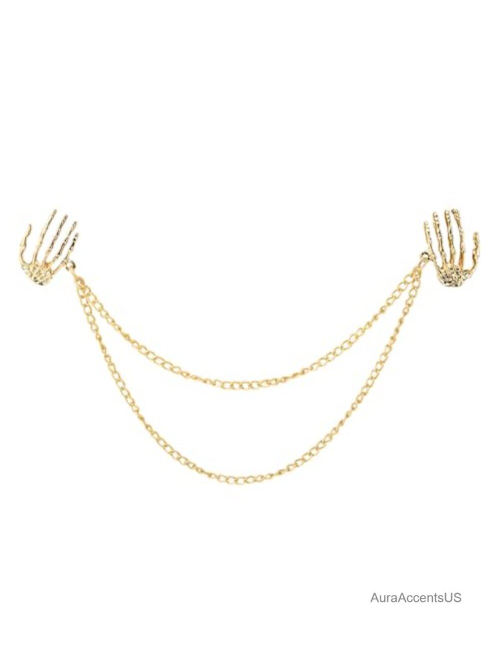 Gold Chain Skeleton Hand Brooch Lapel Pin Gothic Halloween Accessory